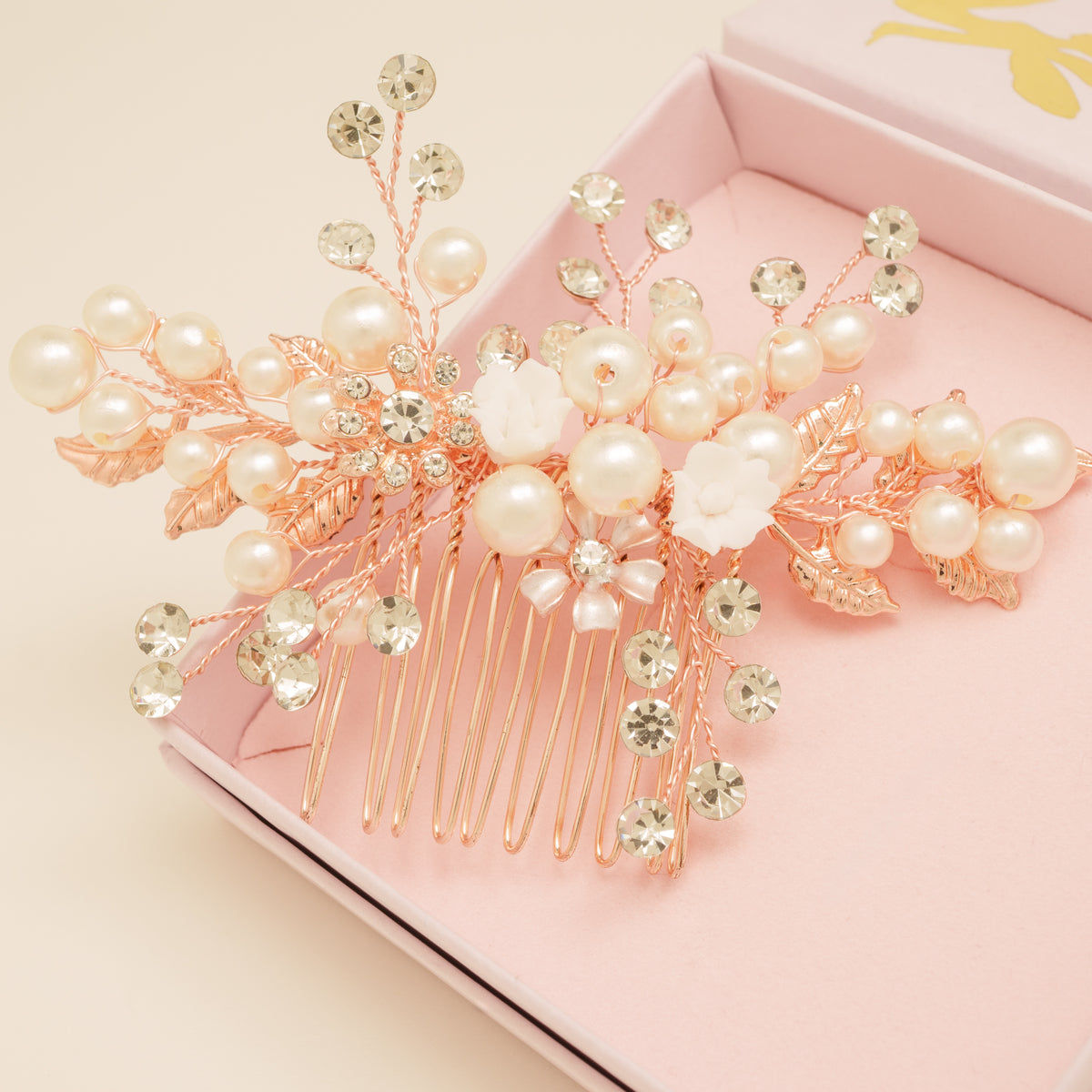 Gloria Leaves Pearl and Crystal Wedding Hair Comb / Rose Gold