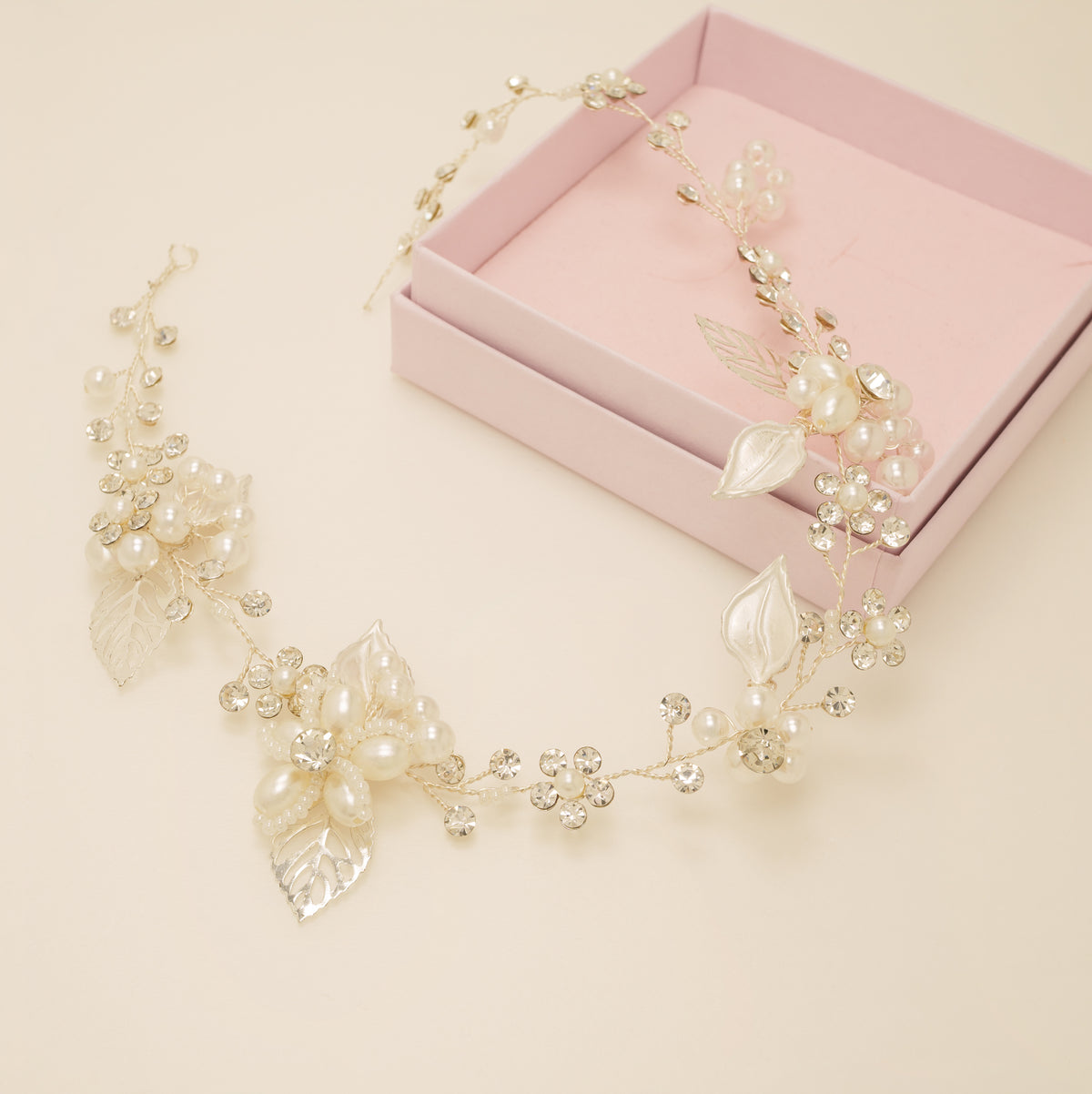 Vintage Leaves Pearls and Crystals Bridal Hair Vine / Silver