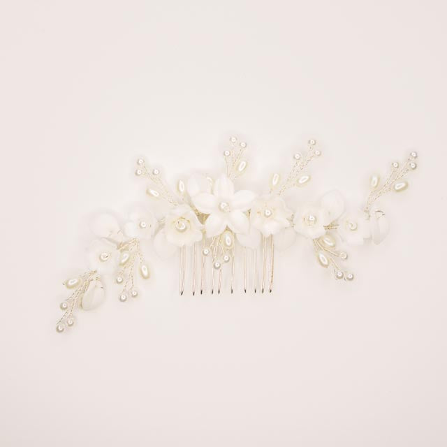Ella Floral Ceramic Ivory Pearl Wedding Hair Comb in Silver photo 2