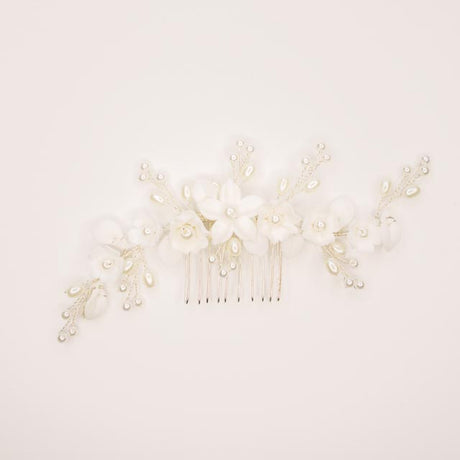 Ella Floral Ceramic Ivory Pearl Wedding Hair Comb in Silver photo 2