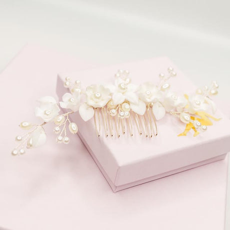 Ella Floral Ceramic Ivory Pearl Wedding Hair Comb in Silver photo 5