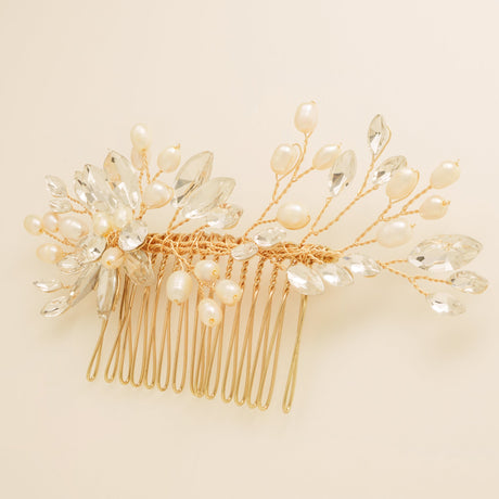 Sara Pearl and Crystal Wedding Hair Comb / Gold