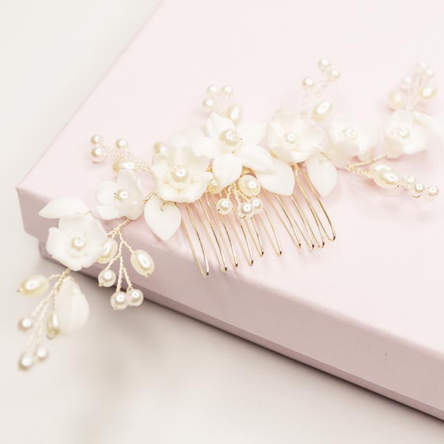 Ella Floral Ceramic Ivory Pearl Wedding Hair Comb in Silver photo 6
