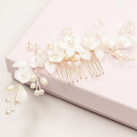 Ella Floral Ceramic Ivory Pearl Wedding Hair Comb in Silver photo 6