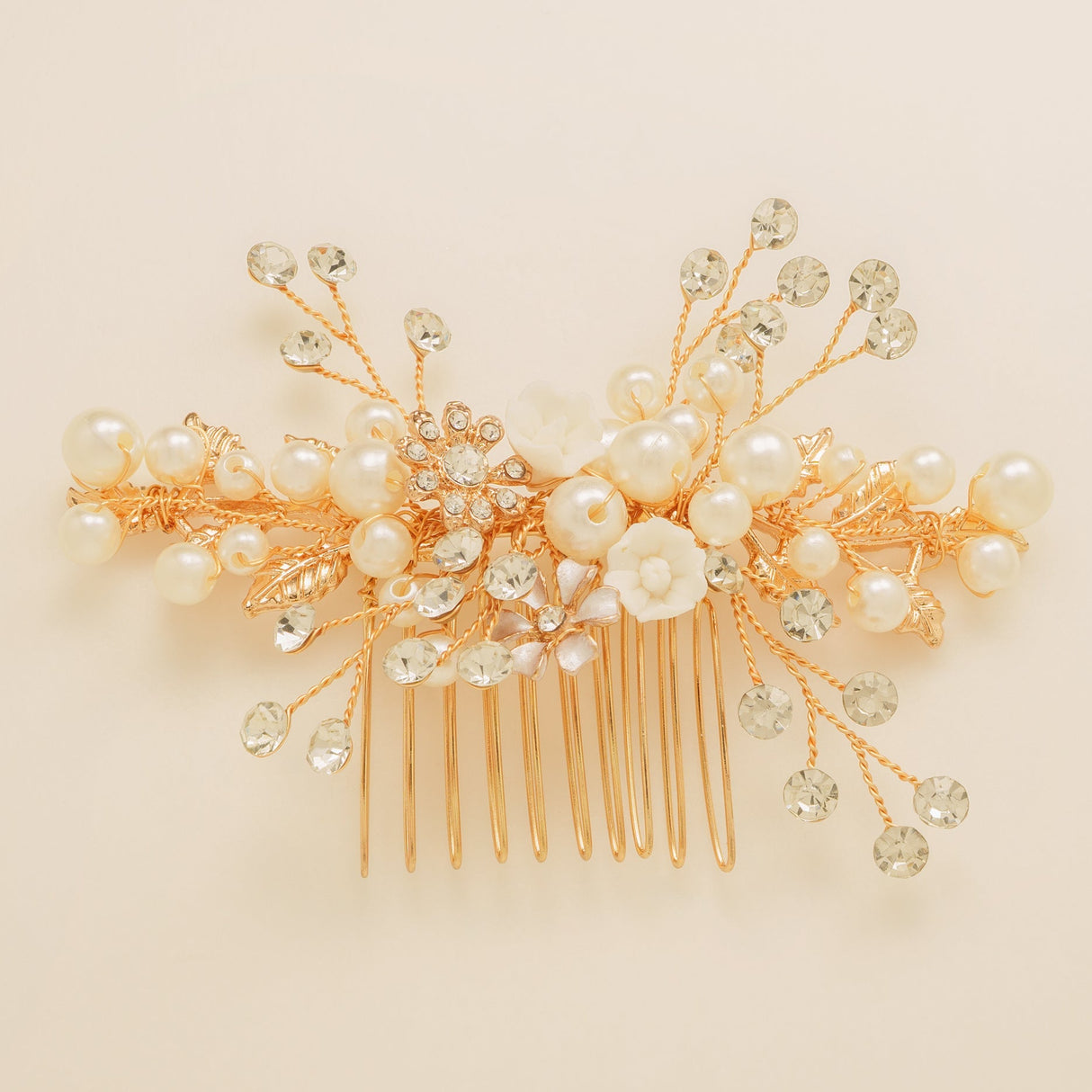 Gloria Leaves Pearl and Crystal Wedding Hair Comb in Gold