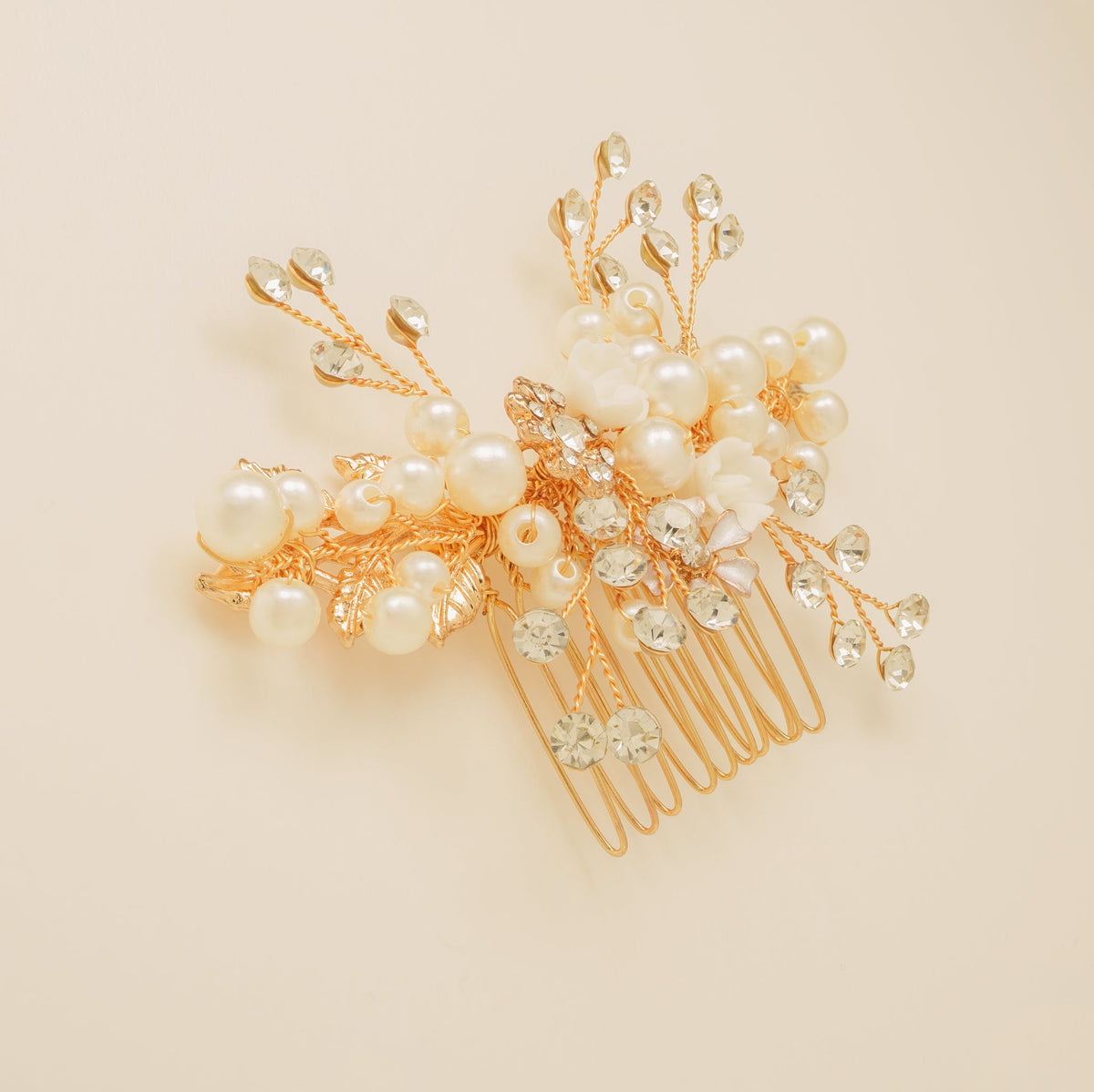 Gloria Leaves Pearl and Crystal Wedding Hair Comb in Gold photo 3