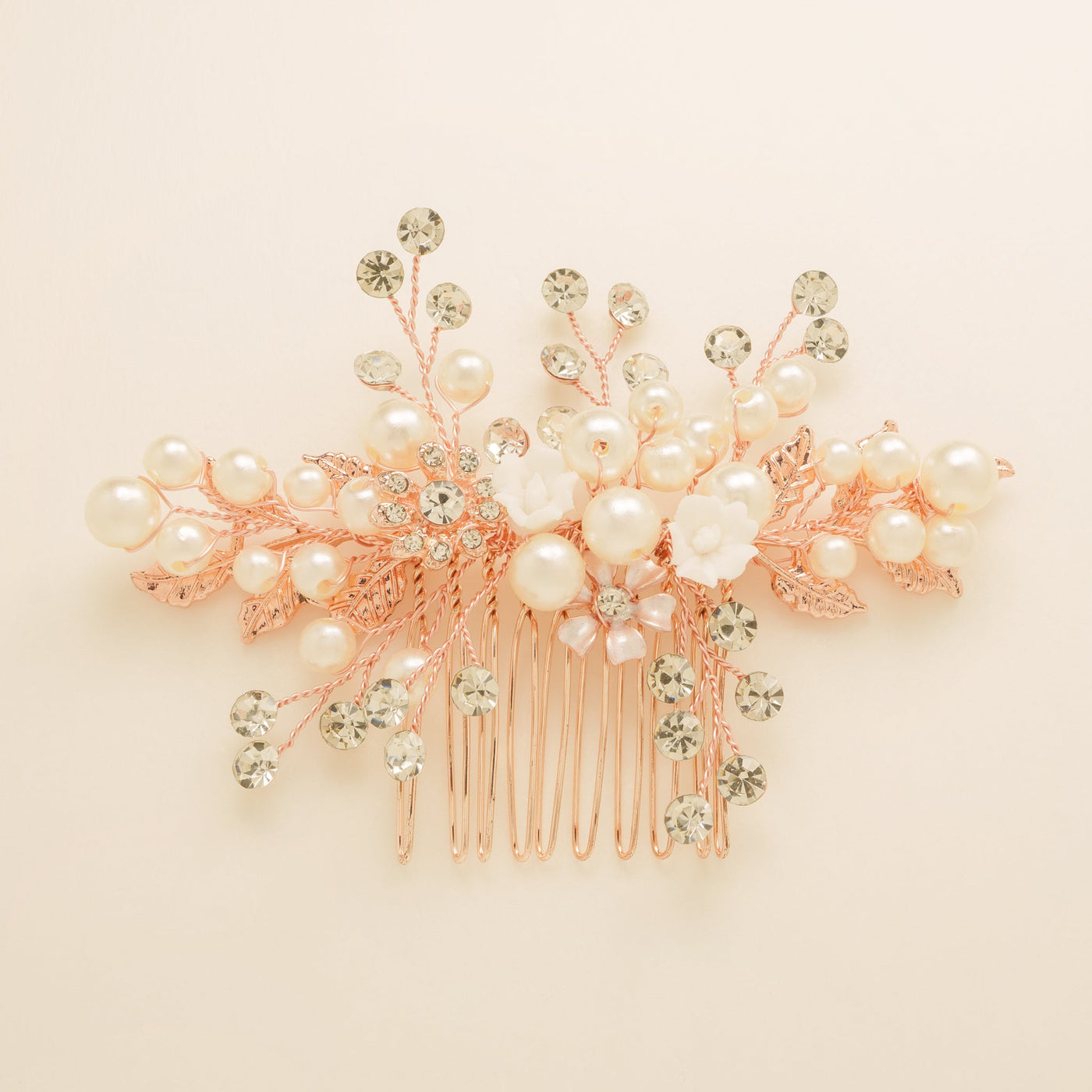 Gloria Leaves Pearl and Crystal Wedding Hair Comb in Rose Gold