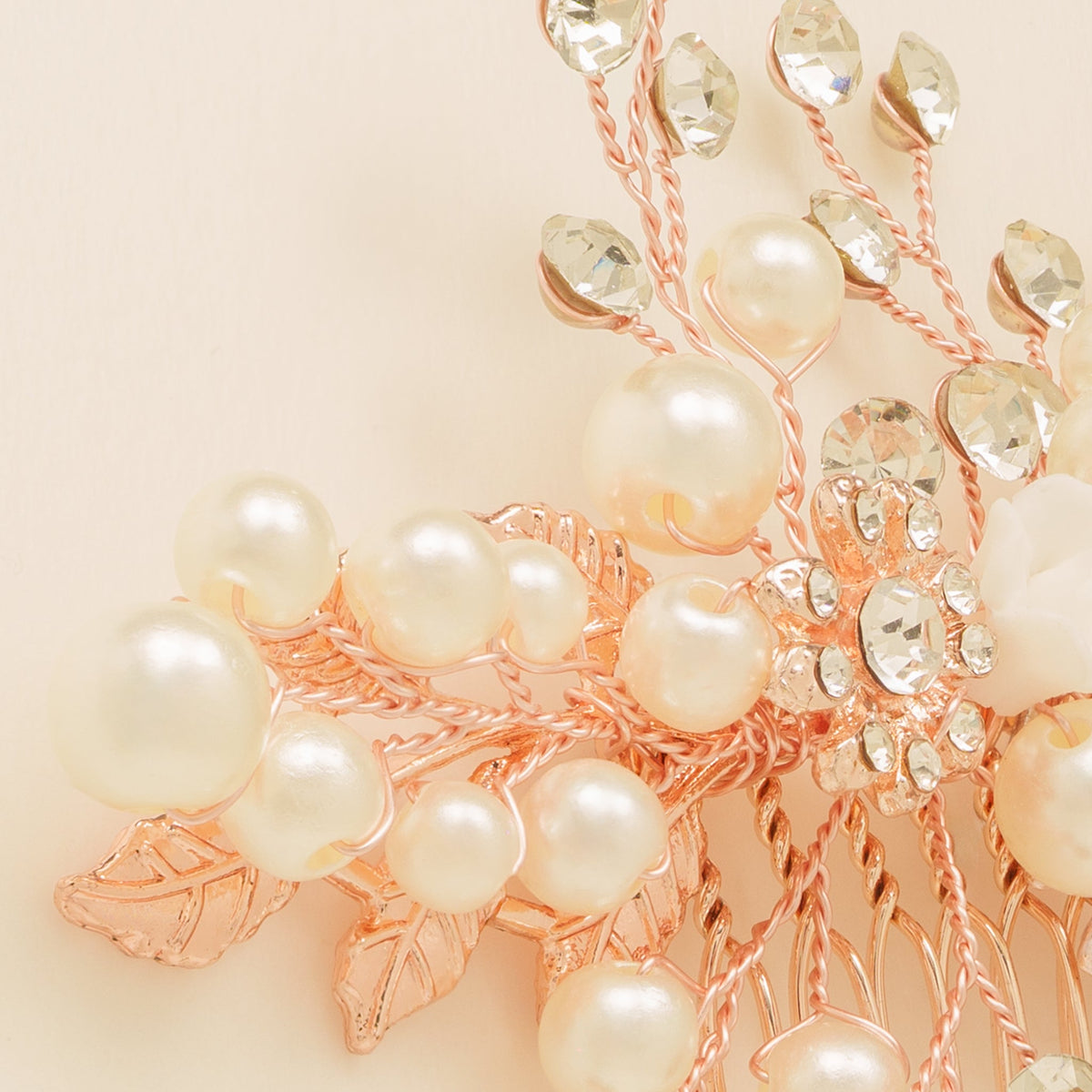 Gloria Leaves Pearl and Crystal Wedding Hair Comb in Rose Gold photo 4