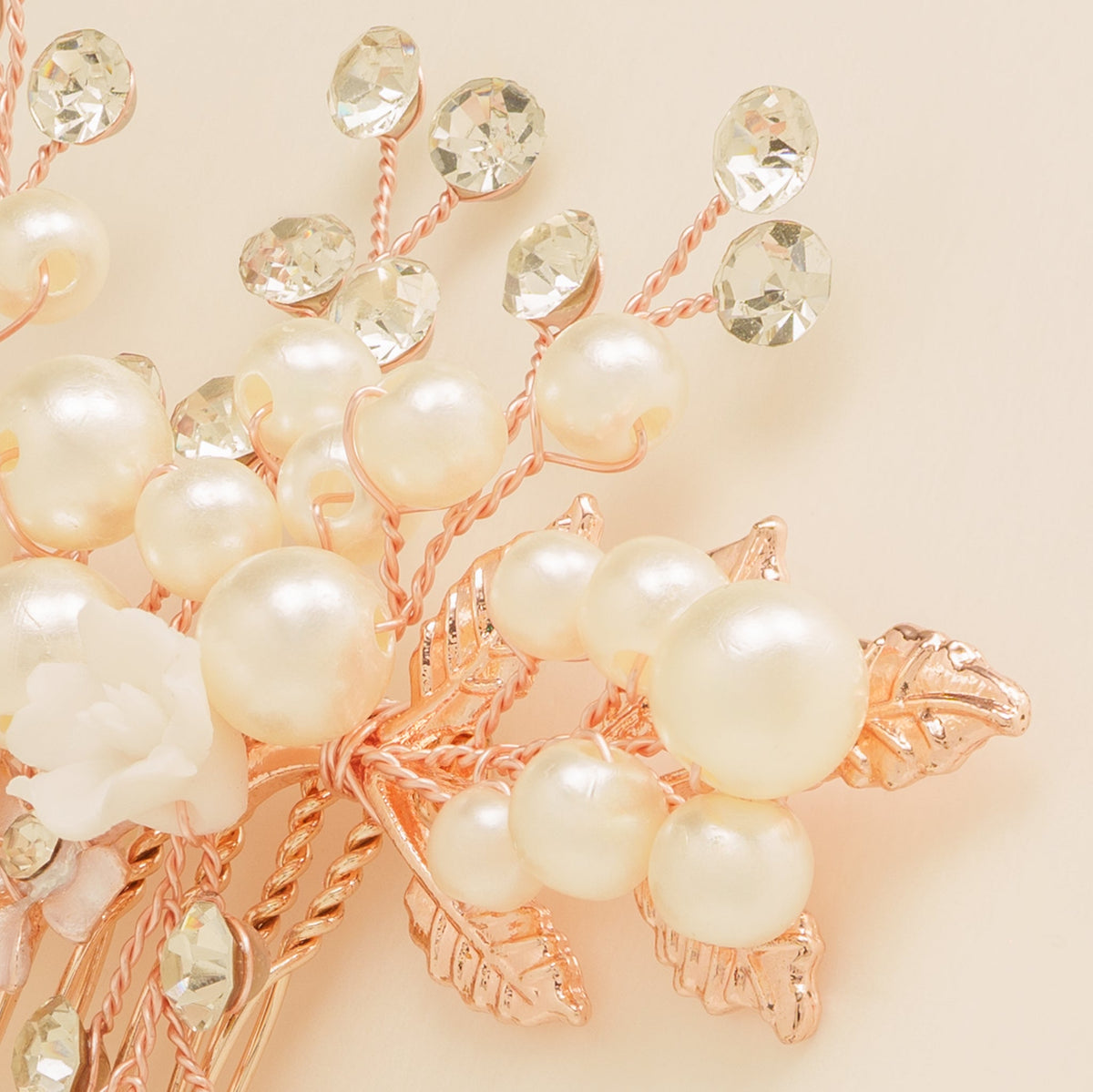 Gloria Leaves Pearl and Crystal Wedding Hair Comb in Rose Gold photo 6