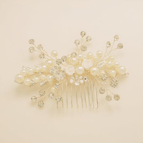Gloria Leaves Pearl and Crystal Wedding Hair Comb in Silver photo 3