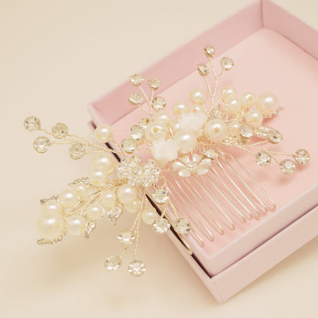 Gloria Leaves Pearl and Crystal Wedding Hair Comb in Silver