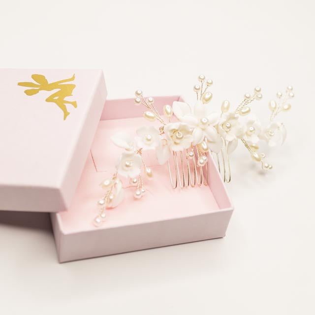 Ella Floral Ceramic Ivory Pearl Wedding Hair Comb in Silver photo 7