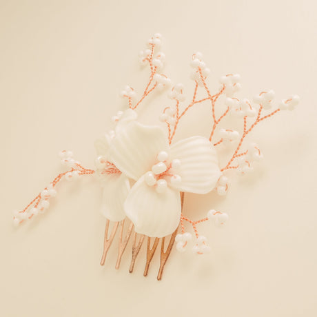 Daisy Floral Ceramic Wedding Hair Comb / Rose Gold