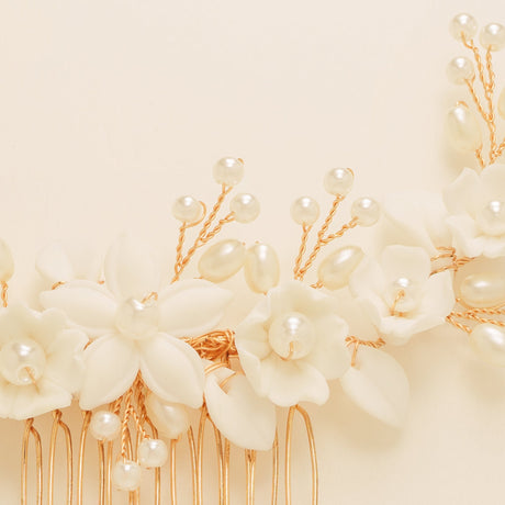 Ella Floral Ceramic Ivory Pearl Wedding Hair Comb / Rose Gold