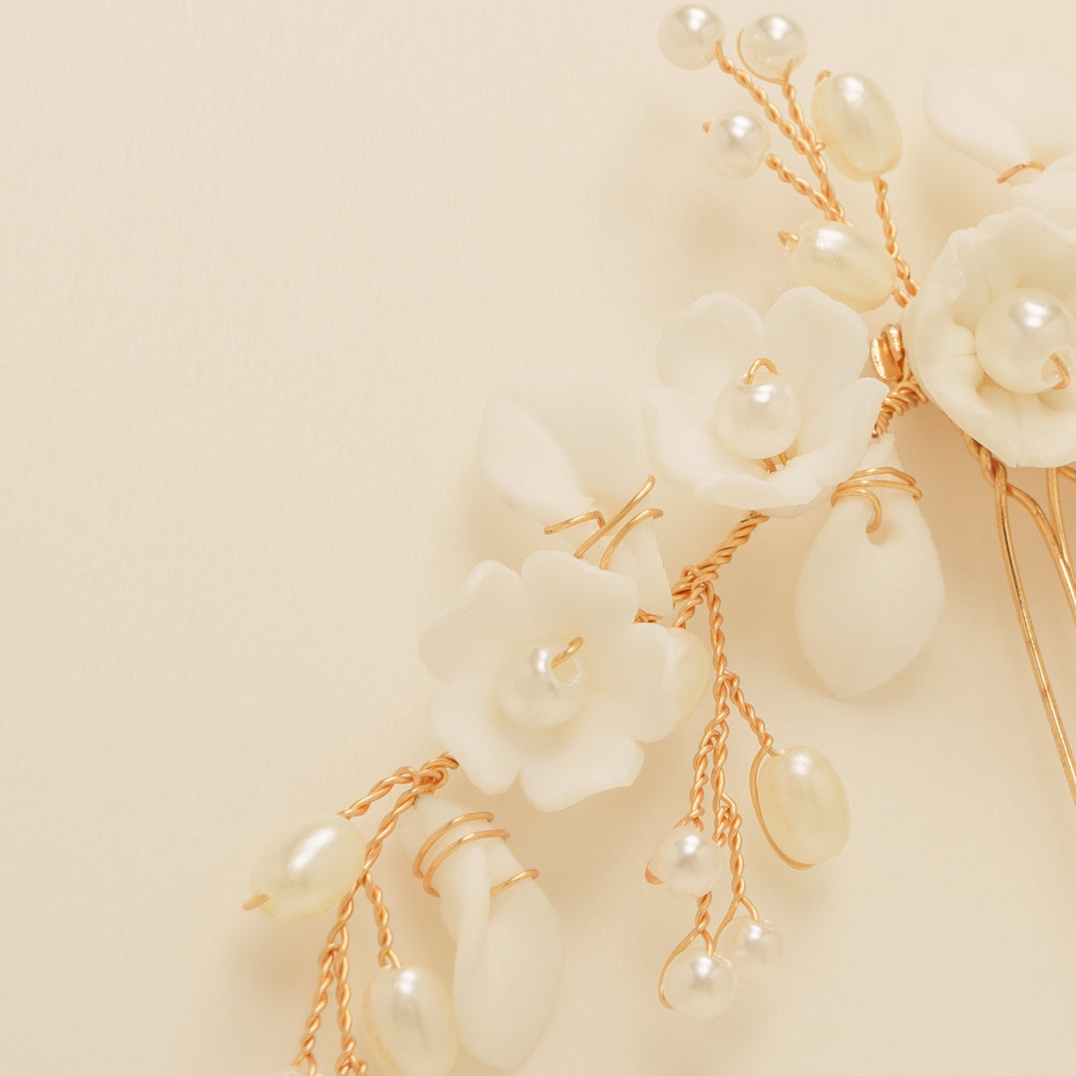 Ella Floral Ceramic Ivory Pearl Wedding Hair Comb / Rose Gold