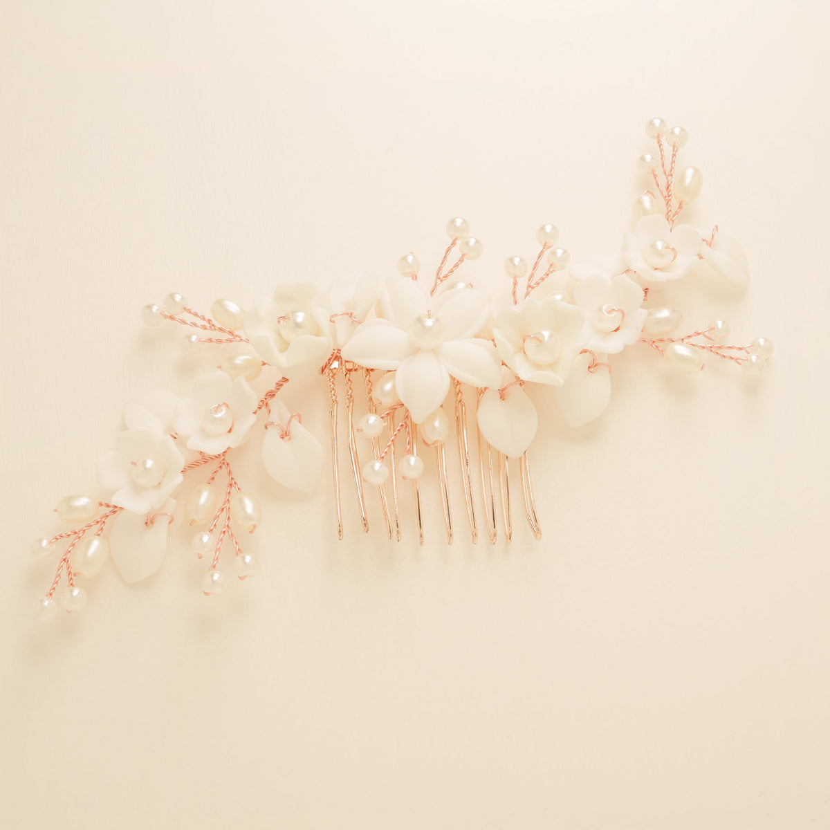 Ella Floral Ceramic Ivory Pearl Wedding Hair Comb / Rose Gold