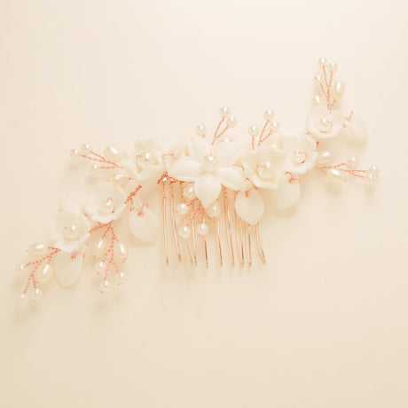 Ella Floral Ceramic Ivory Pearl Wedding Hair Comb / Rose Gold