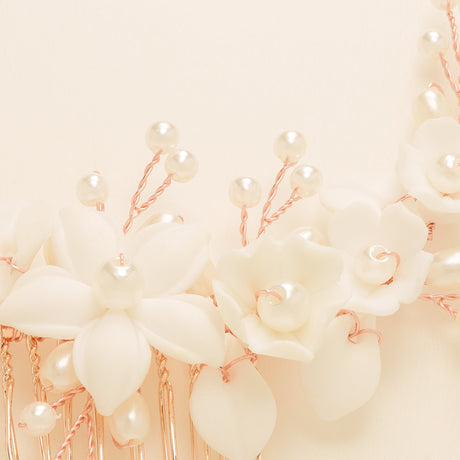 Ella Floral Ceramic Ivory Pearl Wedding Hair Comb / Rose Gold