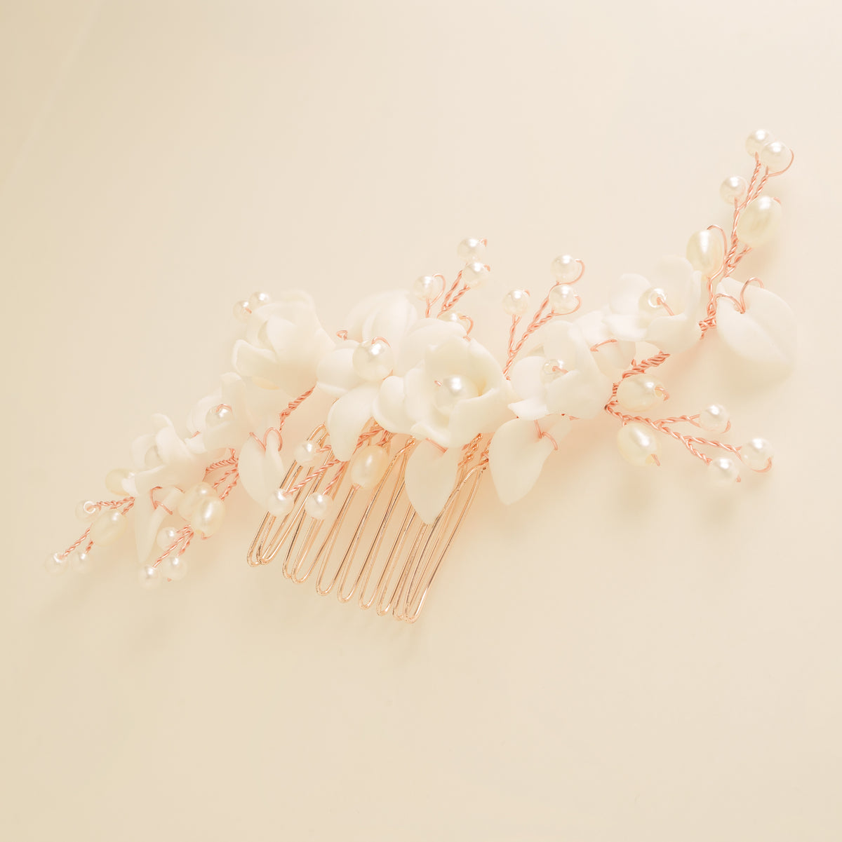 Ella Floral Ceramic Ivory Pearl Wedding Hair Comb / Rose Gold