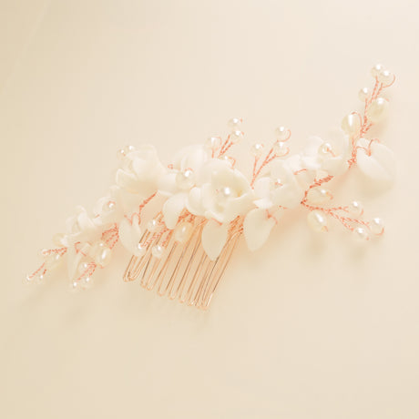 Ella Floral Ceramic Ivory Pearl Wedding Hair Comb / Rose Gold