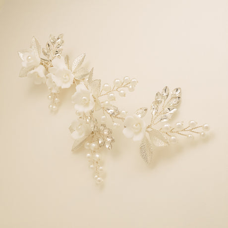 Kiki Crystal Pearl Leaves Flowers Wedding Hair Vine / Silver