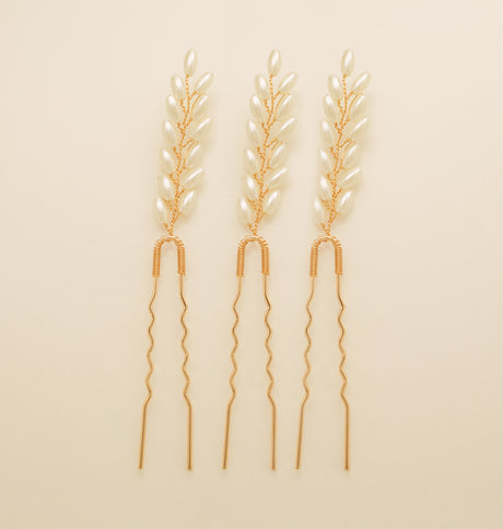 Pampas Style Pearl Sprigs Wedding Hair Pins / Gold