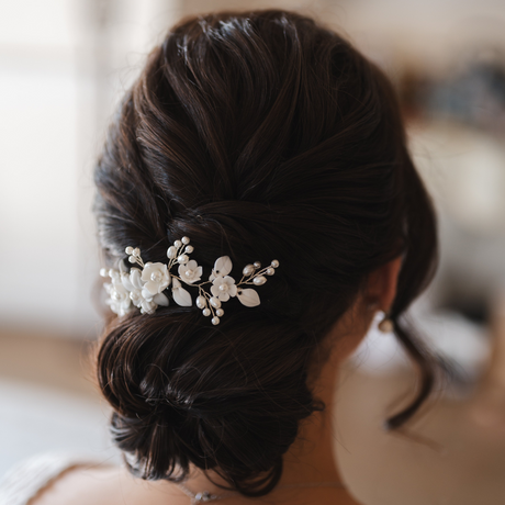 Ella Floral Ceramic Ivory Pearl Wedding Hair Comb in Silver