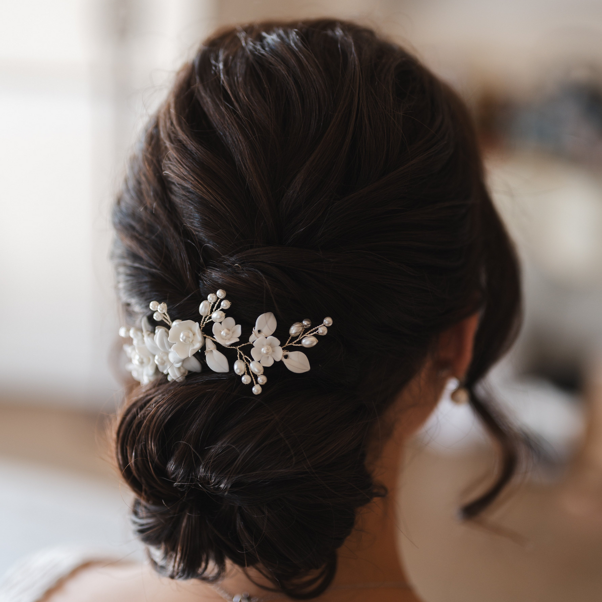 Ella Floral Ceramic Ivory Pearl Wedding Hair Comb / Rose Gold