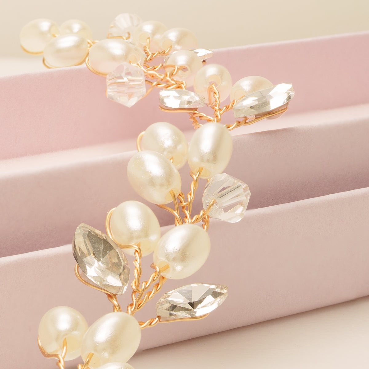Tasha Short Pearl and Crystal Hair Vine in Gold