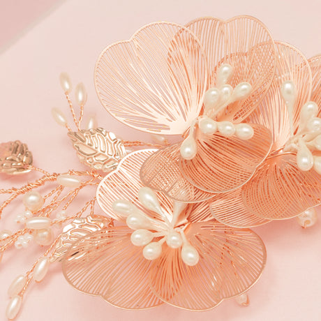 Camilla Flower Pearl Wedding Hair Vine / Rose Gold