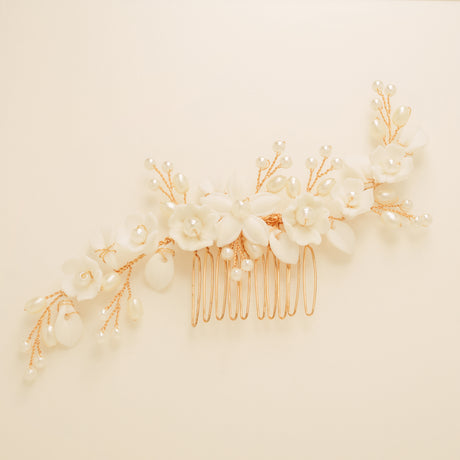 Ella Floral Ceramic Ivory Pearl Wedding Hair Comb / Gold