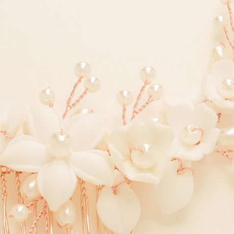 Ella Floral Ceramic Ivory Pearl Wedding Hair Comb / Rose Gold