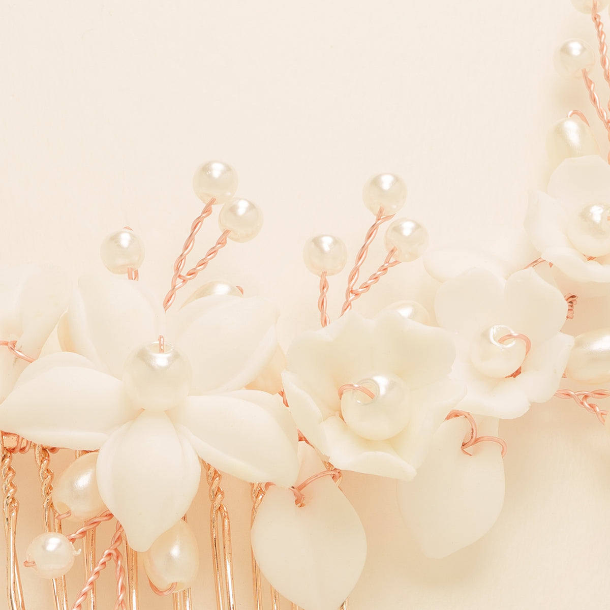 Ella Floral Ceramic Ivory Pearl Wedding Hair Comb / Rose Gold