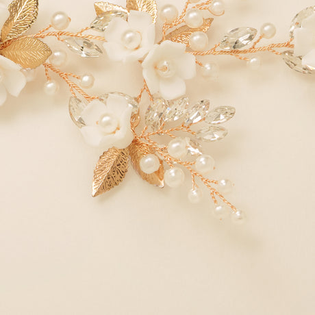 Kiki Crystal Pearl Leaves Flowers Wedding Hair Vine / Gold