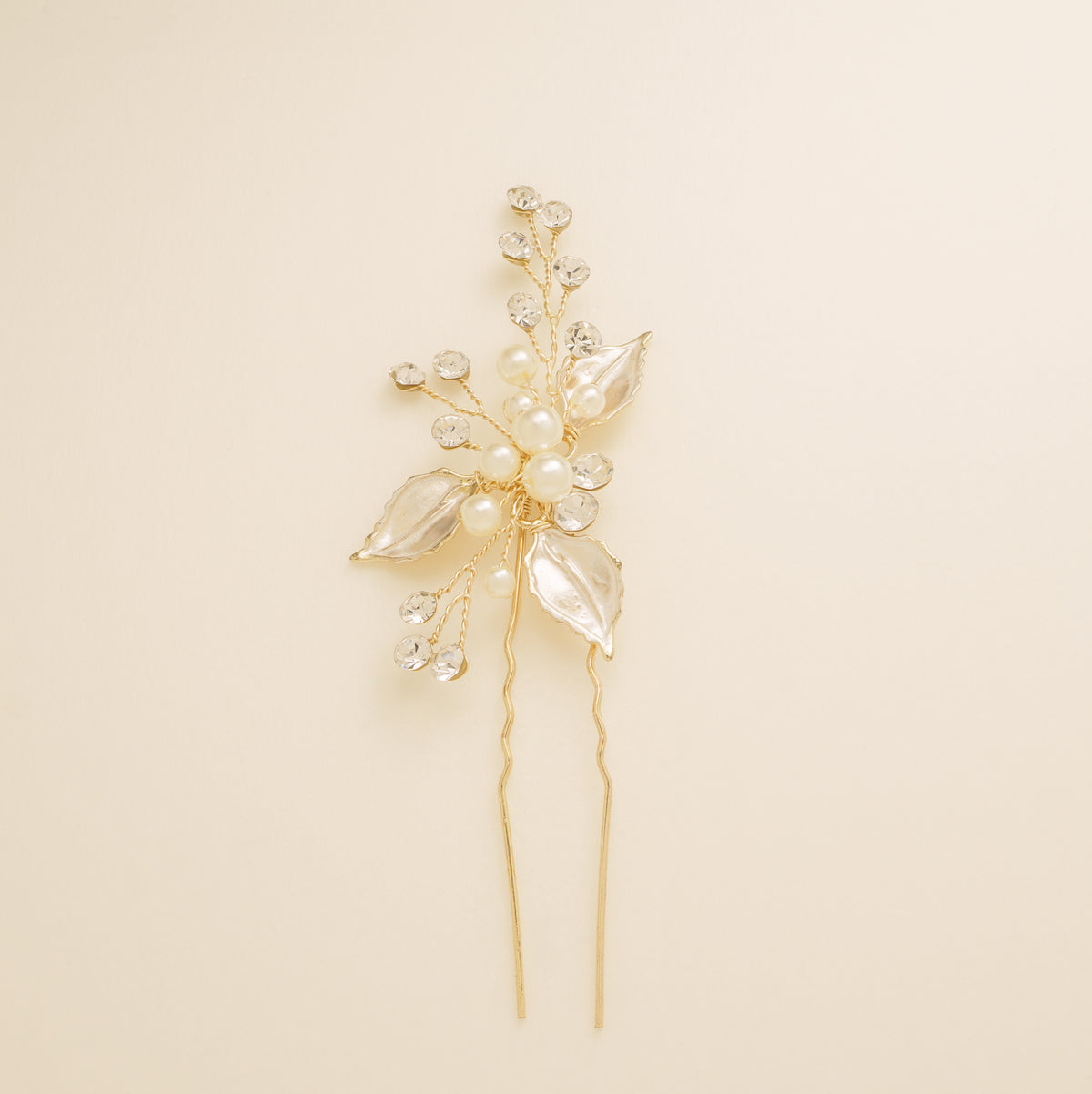 Millie Crystal and Pearl Wedding Hair Pin / Leaves / Gold