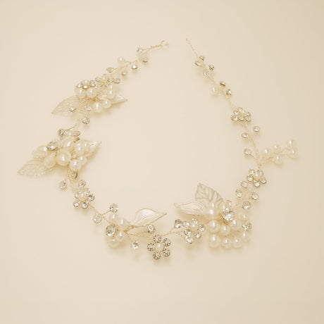 Vintage Leaves Pearls and Crystals Bridal Hair Vine / Silver