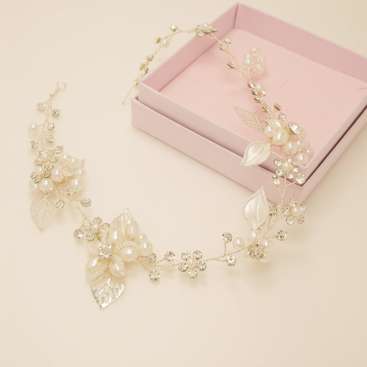 Vintage Leaves Pearls and Crystals Bridal Hair Vine / Silver