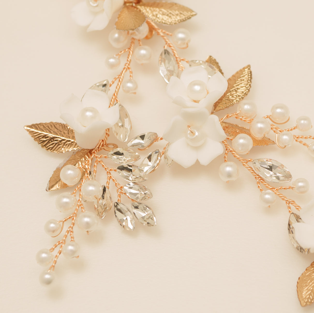 Kiki Crystal Pearl Leaves Flowers Wedding Hair Vine / Gold