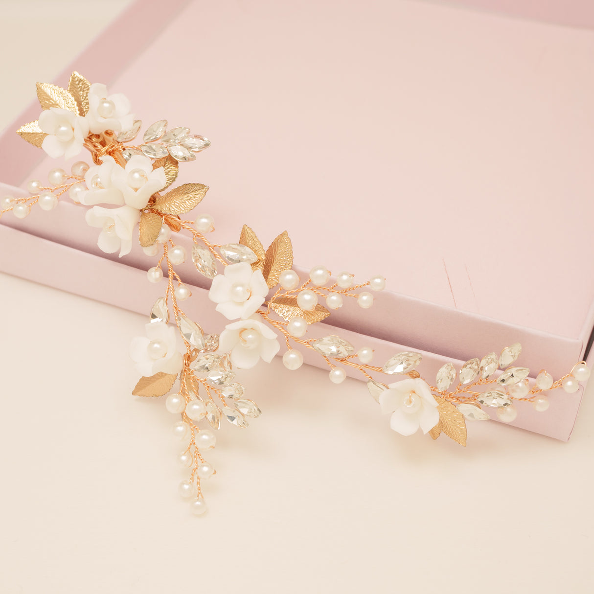 Kiki Crystal Pearl Leaves Flowers Wedding Hair Vine / Gold