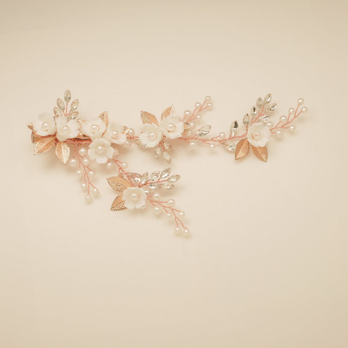 Kiki Crystal Pearl Leaves Flowers Wedding Hair Vine / Rose Gold