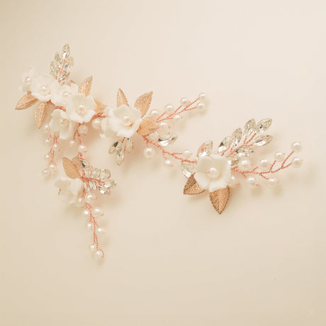 Kiki Crystal Pearl Leaves Flowers Wedding Hair Vine / Rose Gold