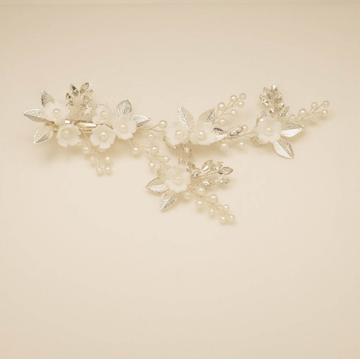 Kiki Crystal Pearl Leaves Flowers Wedding Hair Vine / Silver
