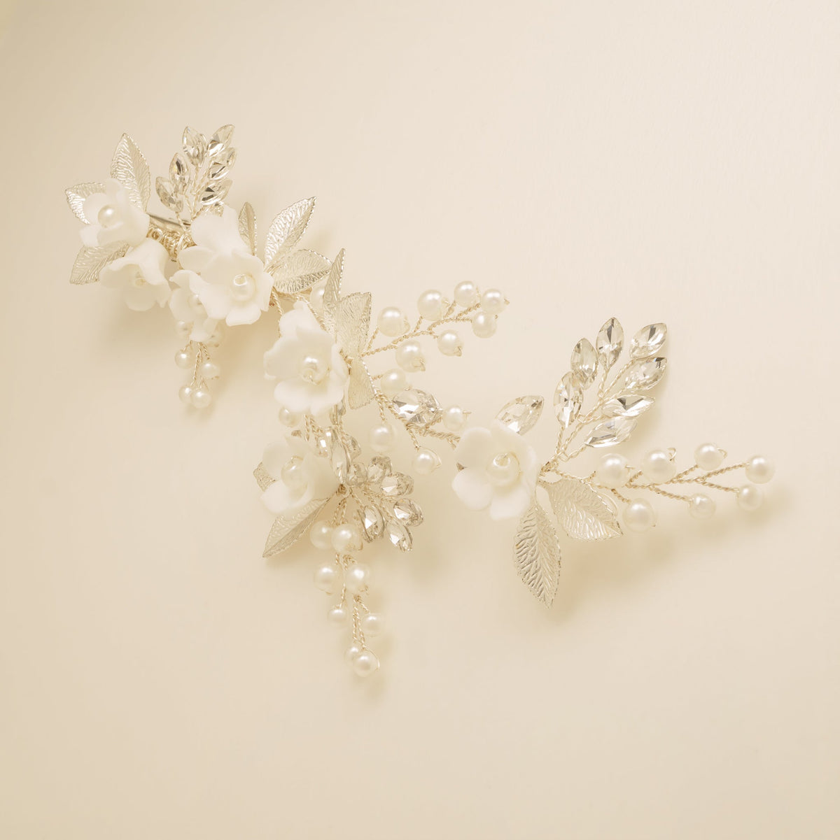 Kiki Crystal Pearl Leaves Flowers Wedding Hair Vine / Silver