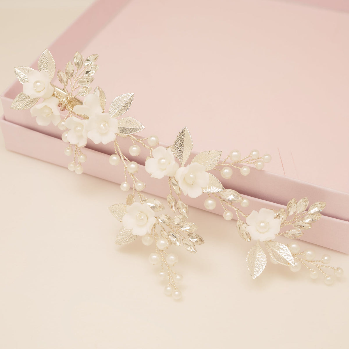 Kiki Crystal Pearl Leaves Flowers Wedding Hair Vine / Silver