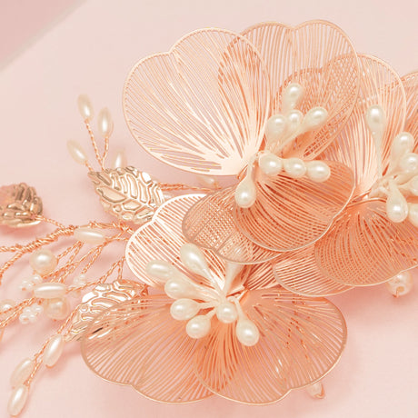 Camilla Flower Pearl Wedding Hair Vine / Rose Gold