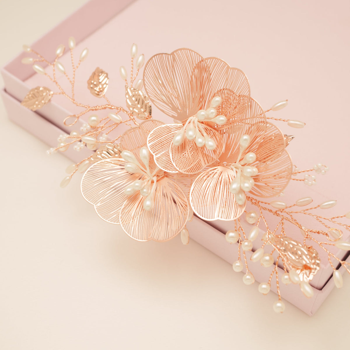 Camilla Flower Pearl Wedding Hair Vine / Rose Gold