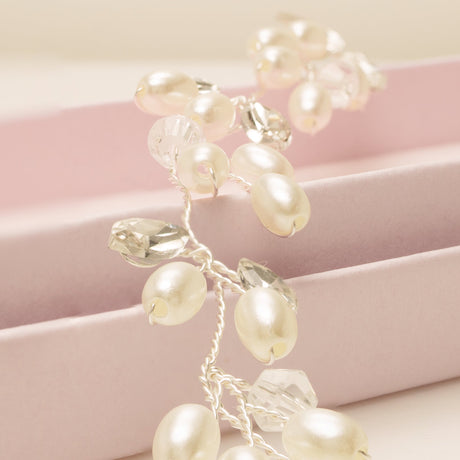 Tasha Short Pearl and Crystal Hair Vine in Silver