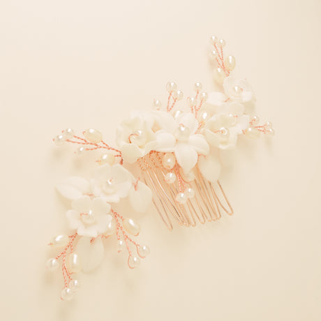 Ella Floral Ceramic Ivory Pearl Wedding Hair Comb / Rose Gold
