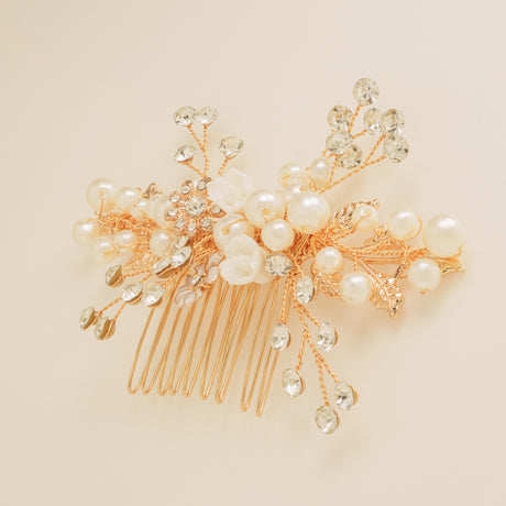 Gloria Leaves Pearl and Crystal Wedding Hair Comb / Gold