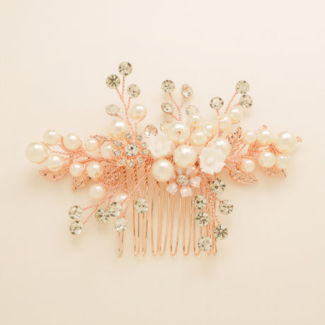 Gloria Leaves Pearl and Crystal Wedding Hair Comb / Rose Gold